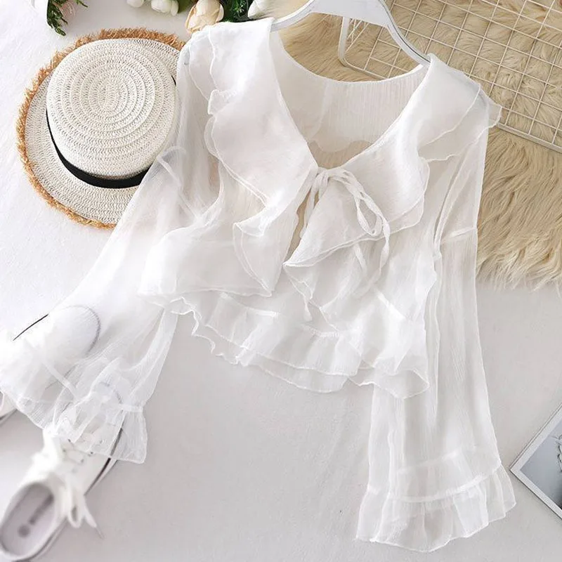 Women Chiffon Cardigan Ruffles Sun Protection Shirt Sunscreen Cropped   Lace-up Top Blouse Lightweight Sun Protection Tops