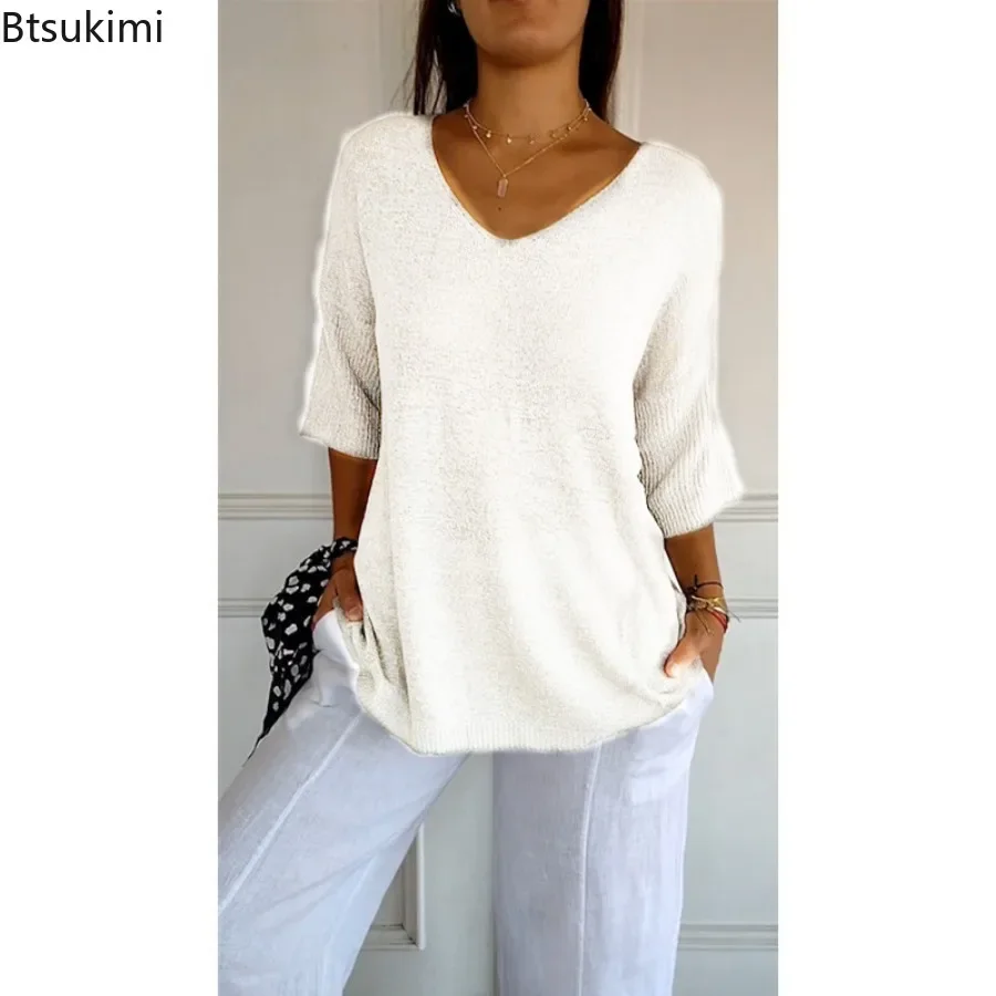 2024 Women\'s Casual Thin Knitted Sweater Tops Loose V Neck Simple Tops Pullover Solid Half Sleeve Loose Bottoming T-shirts Tops