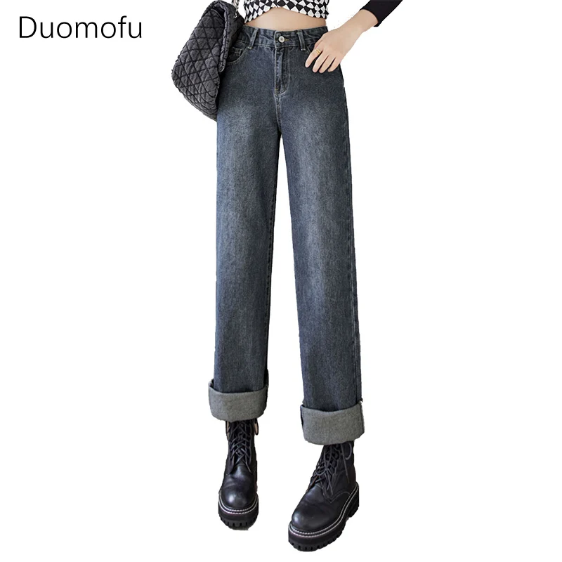 Duomofu-Jeans lavado de cintura alta feminino, básico, fino, coreano, comprimento total, simples, clássico, reto, moda feminina, primavera, chique, novo