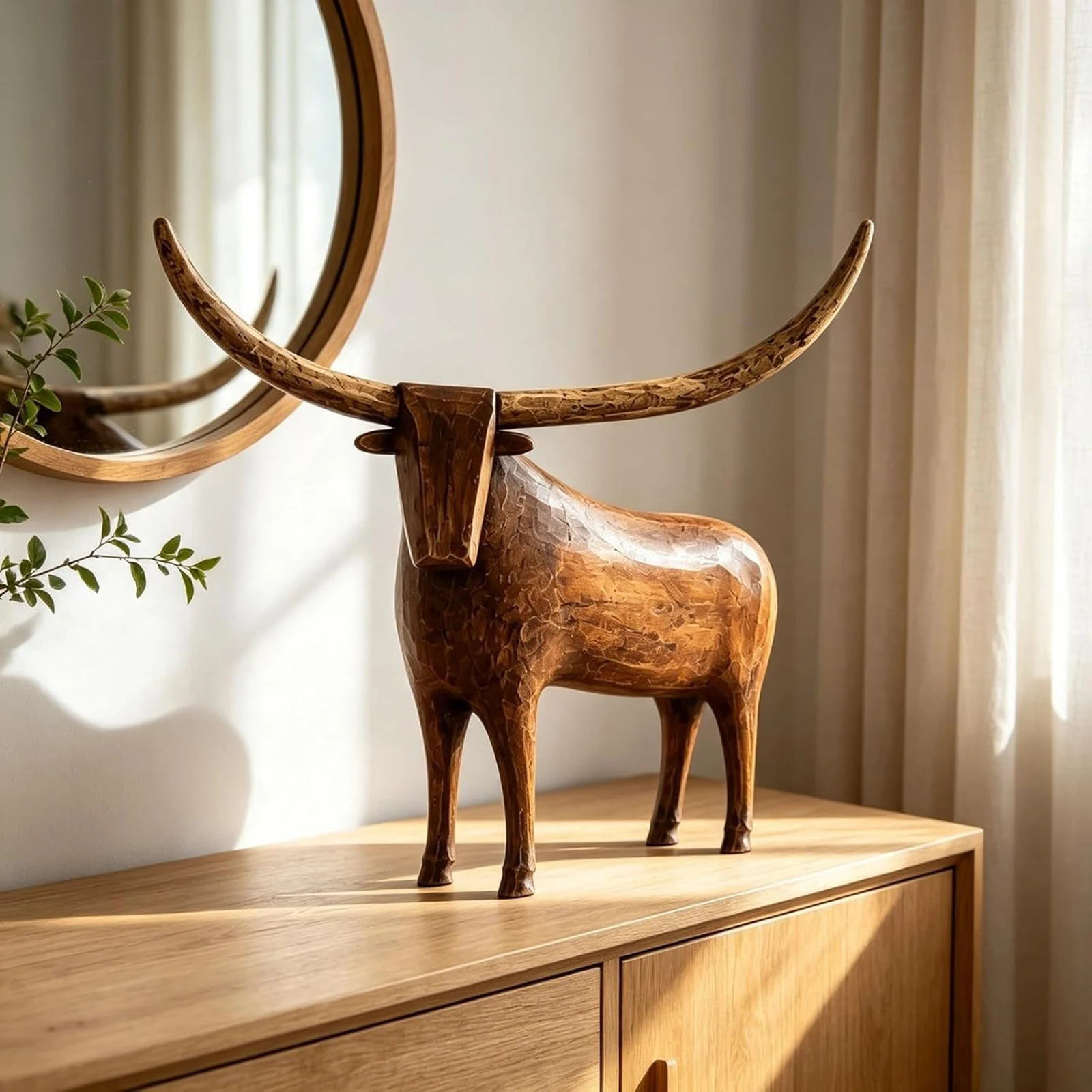 Vintage Longhorn Sculpture Resin Figurine Rustic Western Farmhouse Tabletop Statue Antique Folk Art Brown Ivory Finish