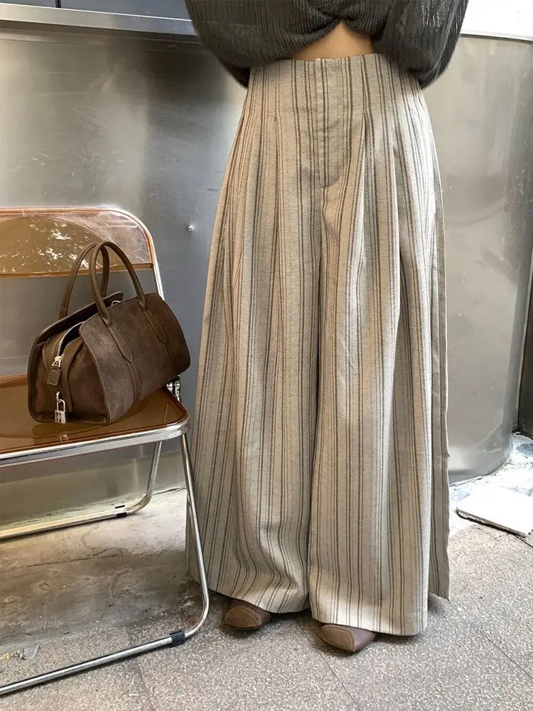 Simple Elegant Daily Commute Striped Wide-Leg Pants for Women Early Autumn New High-Waisted Slimming Floor-Length Pants