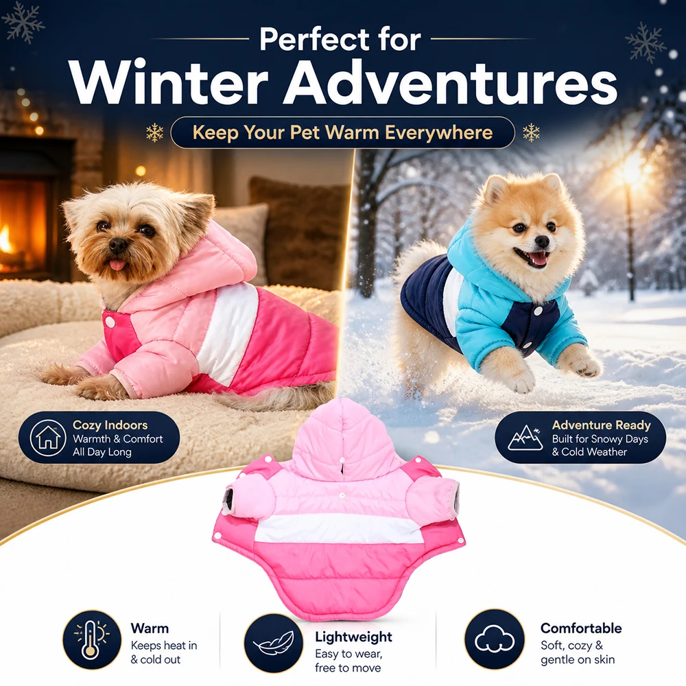 Warme Hundejacke mit Kapuze, Wintermantel für kleine und mittelgroße Hunde, weiche, wattiert Baumwollkleidung für Welpen, winddichtes Outfit mit Leinenloch. – Detail 12