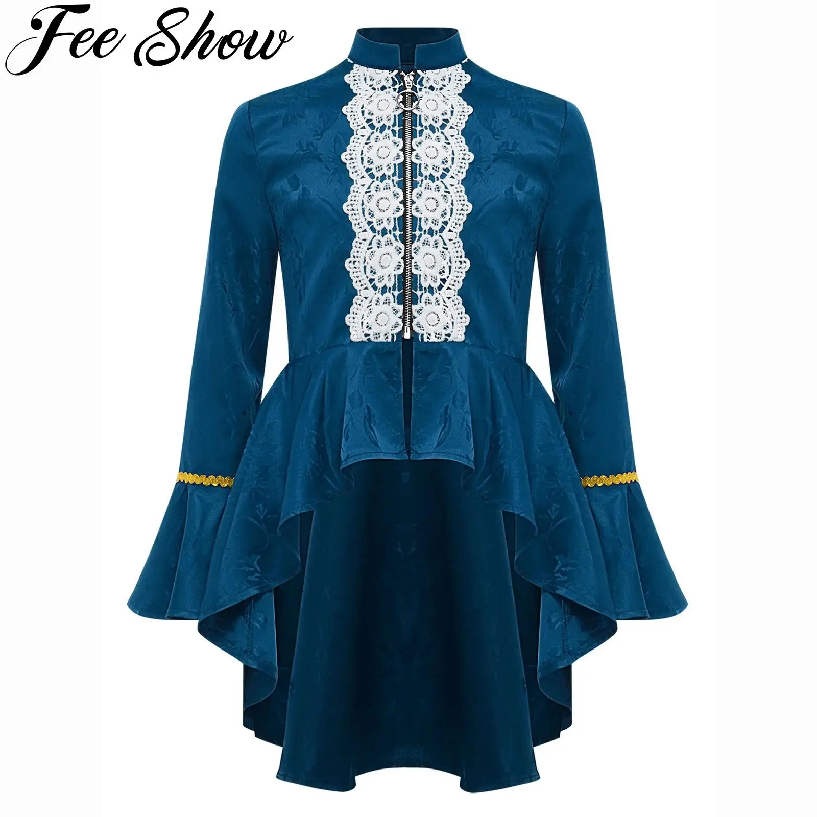 

Girls Medieval Renaissance Gothic Tailcoat Halloween Steampunk Victorian Pirate Cosplay Costume Long Sleeves Lace Flounce Jacket
