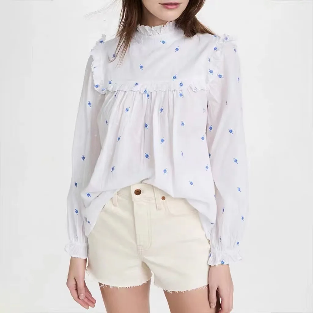 

French Sle Long Sve Embroidered Stand Collar irt Women's New Arrival Early Autumn Lace Design Flower Motif Loose Fit C...