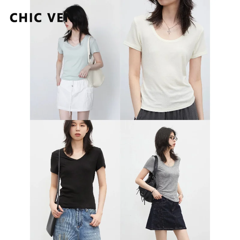 CHIC VEN Korean Women T-Shirts Solid New Multi Colored Optional V Neck Short Sleeved Tees Office Ladies Top Pullover Summer 2026