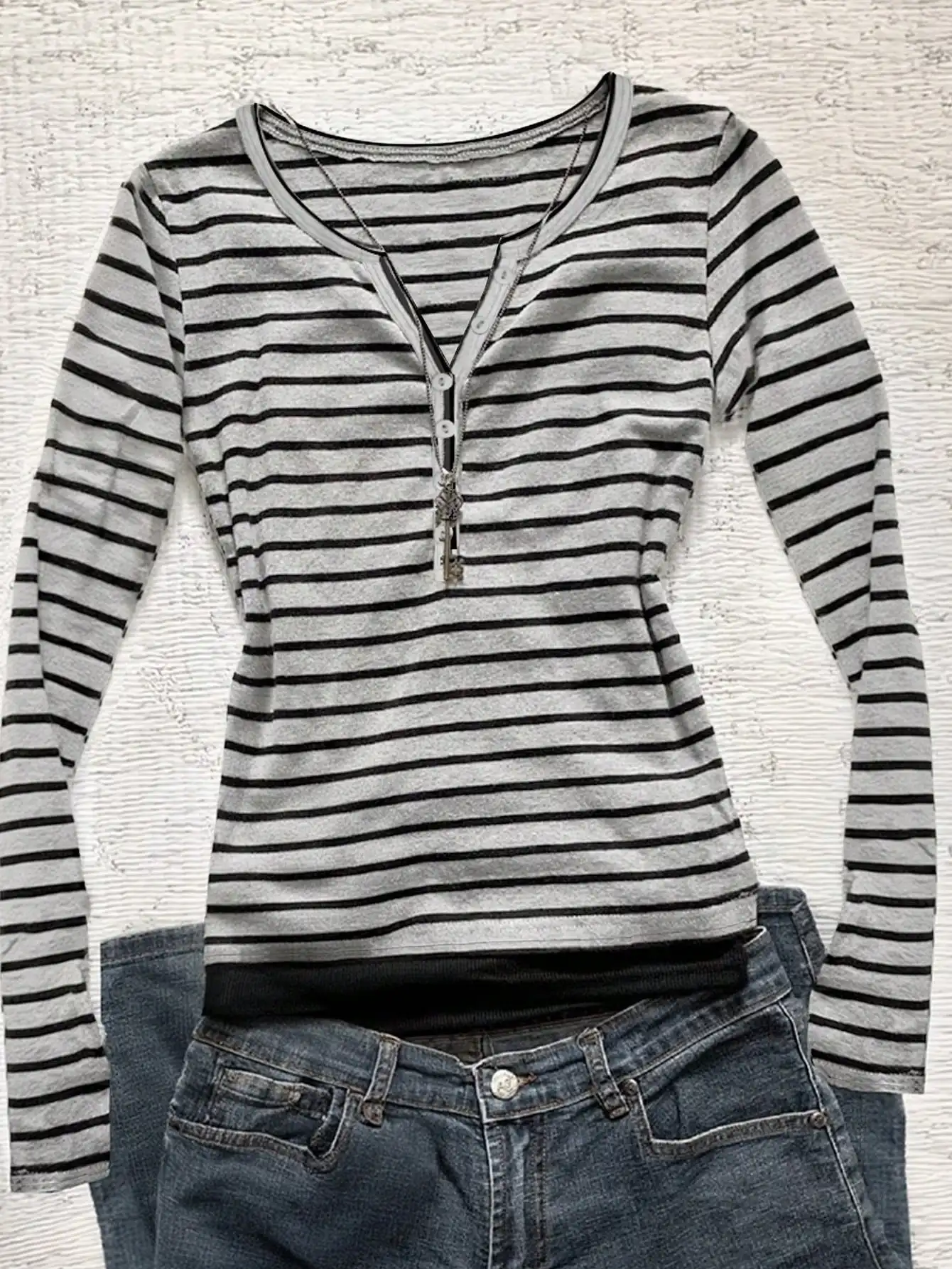 

Women's Striped Long Sleeve Henley T-Shirt with Button Placket, Casual Style