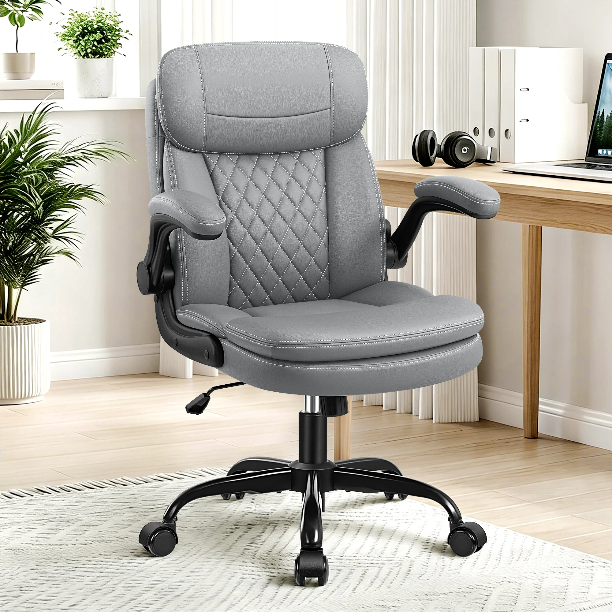 KERDOM PU Leather Big and Tall Office Chair, Executive Office Chair with Adjustable Flip-up Armrest and 360°Swivel Free, Computer Chair with Ergonomic Back Support, Strong Metal Base, Gray