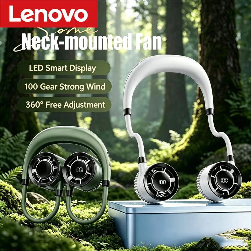Ventilador Mini Portátil Lenovo de Pescoço com Display Digital, Resfriamento Turbo, Carregamento Tipo-C, para Uso Interno e Externo, Bateria de Longa Duração