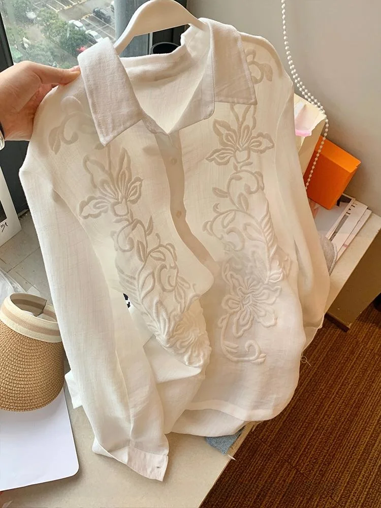 

Ele белая вышитая женская блузка Ne irt, лето 2024, модная свободная повседневная простая солнцезащитная блузка в Корейском стиле