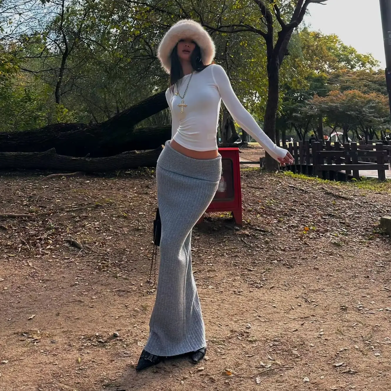 여성용 하이 웨이스트 롱 풀 폴드 니트 맥시 스커트