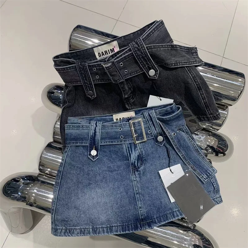 Girls High Waist Denim Mini Skirt Wide Buckle Belt Y2K Cargo A Line Jean Skirt Kids Vintage Summer Skirts Black Blue 2 Colors
