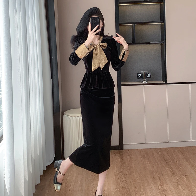 Office Ladies Velvet Two Piece Set New Autumn Winter Gold Lacu Up Bow Collar Ruffles Top + Split Velour Pencil Midi Skirt Suits