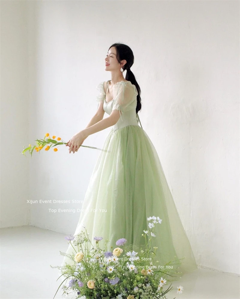 Xijun Sage Green Tulle Long Prom Dresses Korea Fairy Princess Wedding Dresses Formal Photoshoot Bridal Gowns Korean Party Gowns