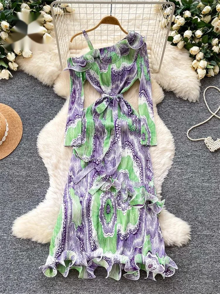 Print Ruffle Office Lady Dress Spring Off Shoulder Pleated Sashes Slim Summer Women Edgy Fashion Holiday Party Dresses