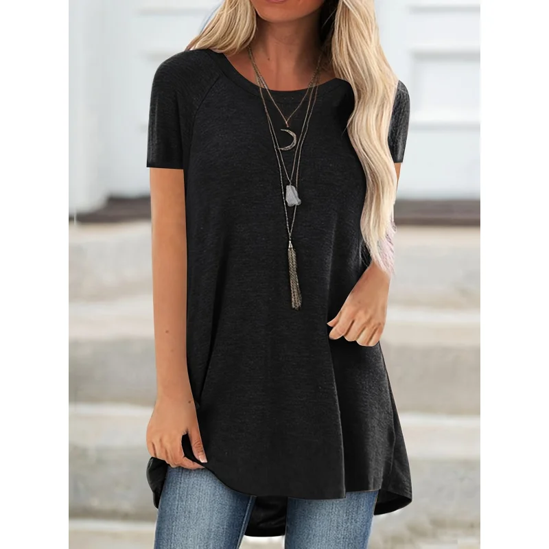 

Women Casual Loose Long Tunic Tops, Solid Color Short Sleeve Round Neck Blouse, Soft Daily Wear Shirts With Curved Hem