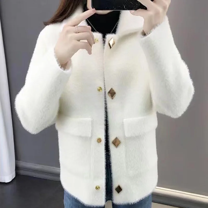 Coat Women\'s 2023 Winter New Korean Version Imitation Mink Velvet Suit Collar Long Sleeve Pocket Loose Fairy Cardigan Jacket