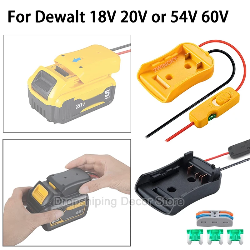 

For Dewalt 14.4V 18V 20V 54V 60V Li-ion Battery Power Wheel Adapter With 14Awg Wire Switch Fuse DIY Adapter On Truck RC Car Toys