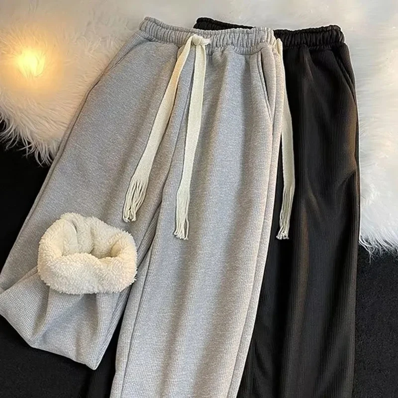 GIDYQ Winter Lamb Wool Casual Pants Men Women Casual Loose Drawstring Thick Sweatpants Bf Unisex Warm Straight Wide Leg Trousers