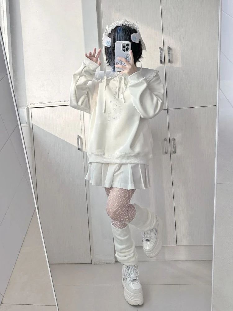 Estilo japonês subcultura bonito doce menina pulôver sólido y2k feminino outono solto casual moda moletom com capuz