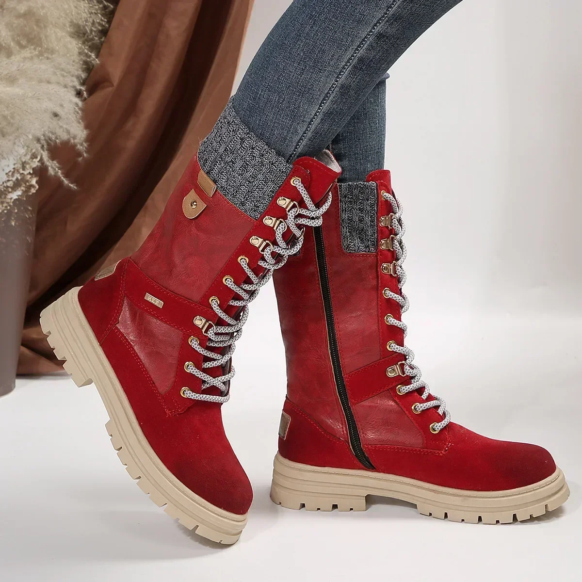 Retro Women Boots Winter Boots for Women Lace Up Mid Calf Boots Woman Round Toe Platform Boot Female  Knight