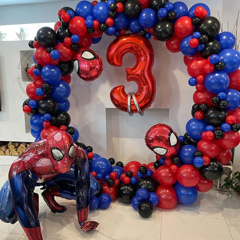 96szt Balony z motywem superbohatera Spider-Man Zestaw girland Balon foliowy z czerwoną liczbą Czerwony Czarny Niebieski Balon lateksowy Chłopiec