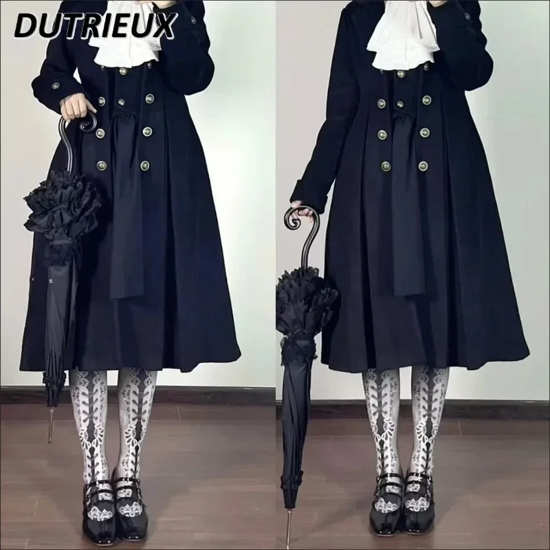 Japanese Retro Dark Long Trench Coat British Style Gothic Handsome Knight Outfit Lolita Sweet Long-sleeved Slimming Jacket