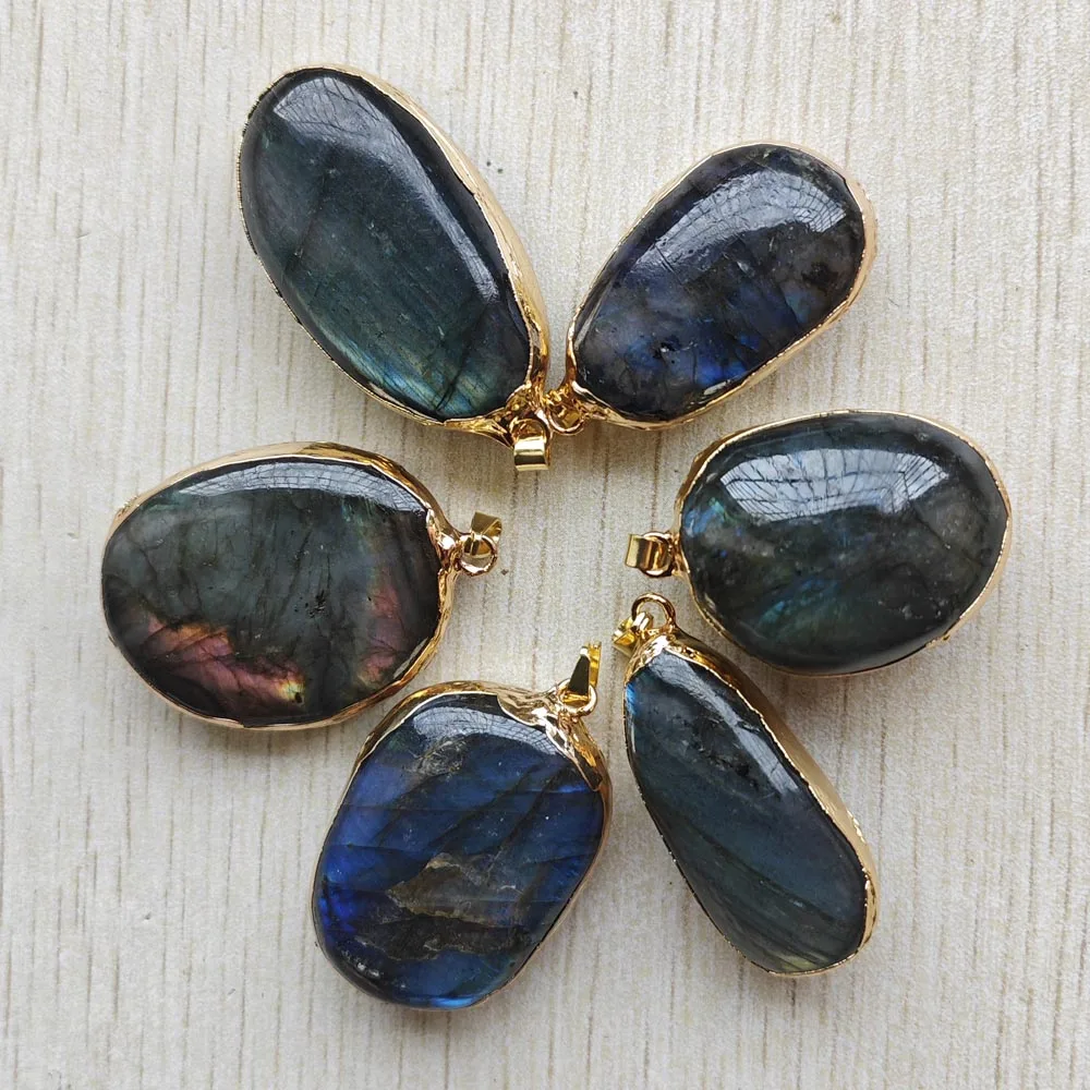 6pcs Flash Natural Labradorite stone gold color side Irregular Pendants diy Necklaces jewelry making Wholesale fast shipping