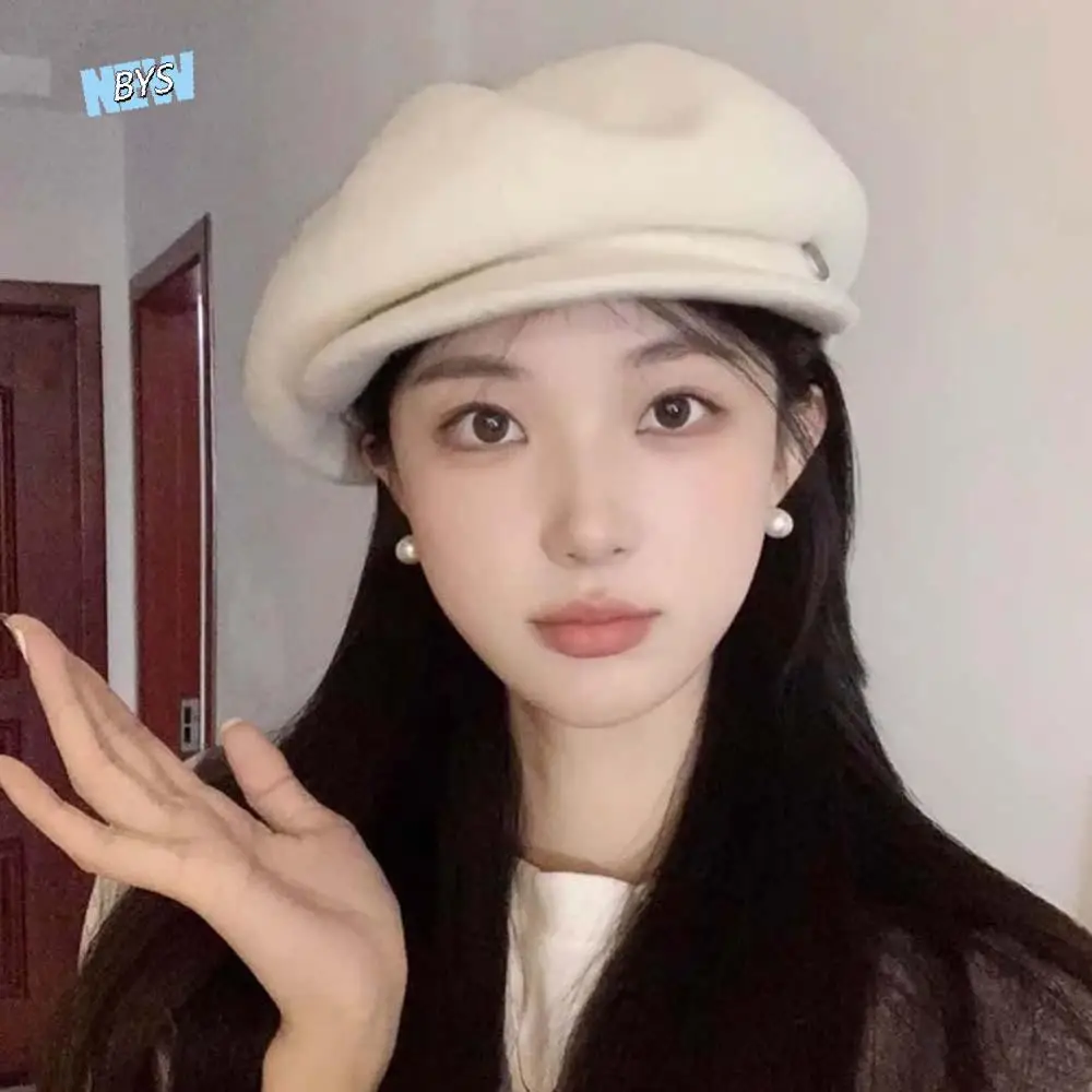 

Simple Solid Color Wool Beret Cap Dome British Style Female Painter Cap Versatile Knitted Octagonal Brimless Hat Girls