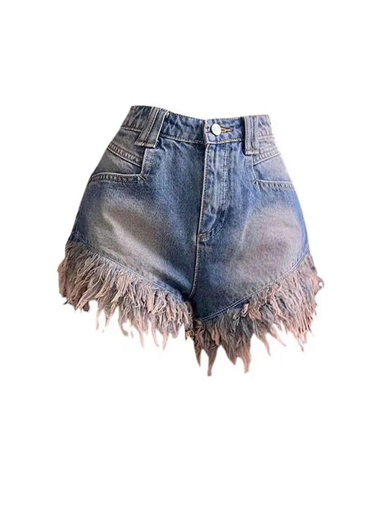 

Korean Fashion Blue Hot Pants High Waist Cotton Denim Shorts Office Lady Sexy Jean Shorts Tassels Raw Edge Japanese Streetwear