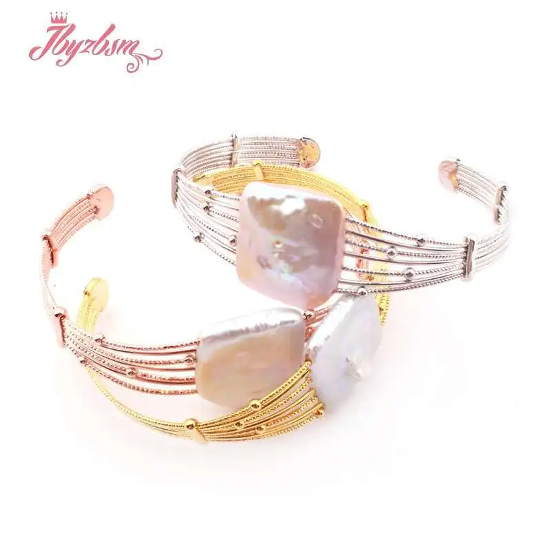 

20mm Square Natural Freshwater Pearl Silver Gold Rose Bangle Bracelet Exquisite Jewelry for Birthday Party Anniversary Gift