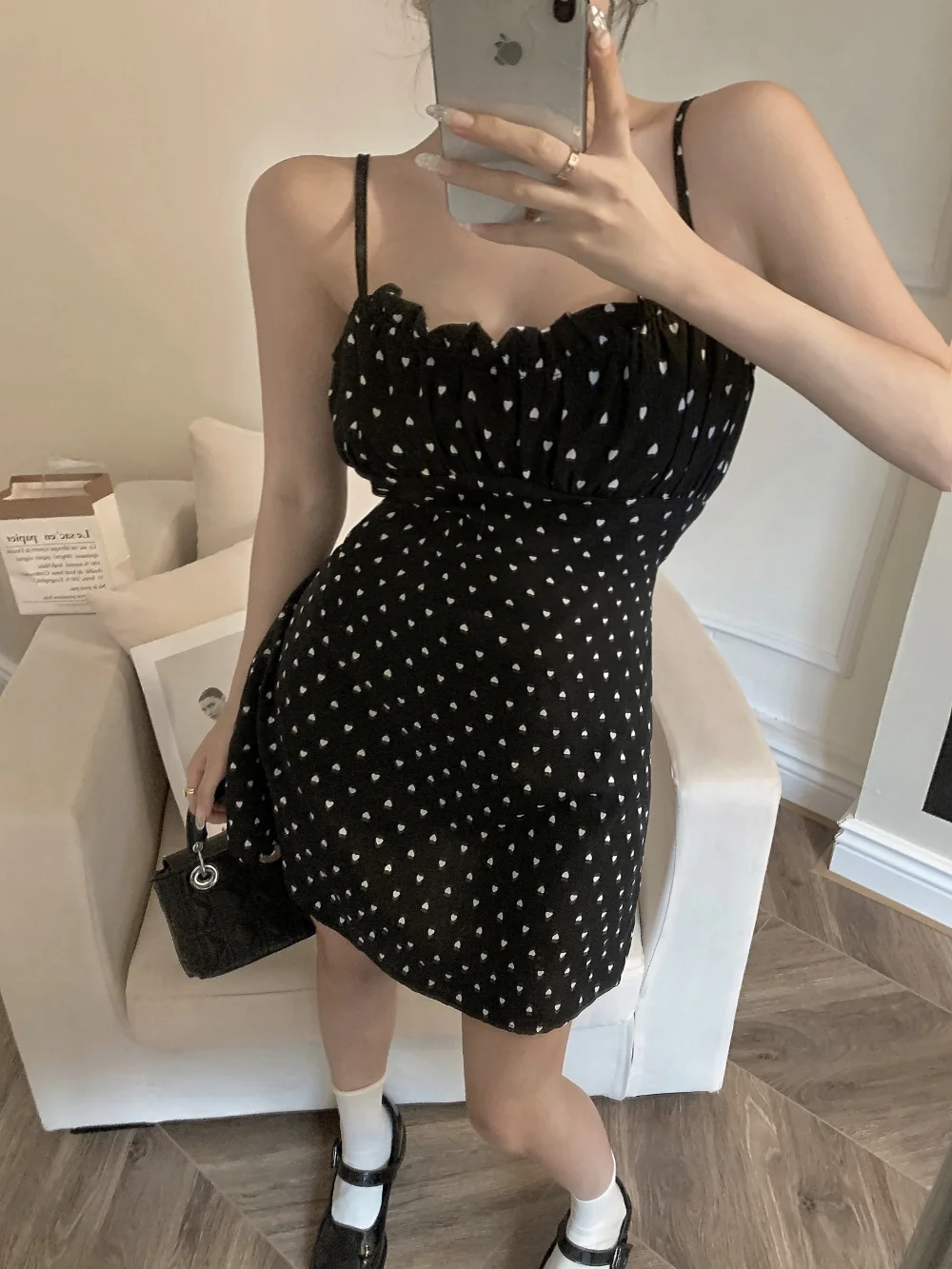 Mini abiti con cinturino per spaghetti Donna Stampa a cuore nero Nuovo stile coreano sottile sexy Moda giovane Ins Casual Sottile Estate Ragazze dolci