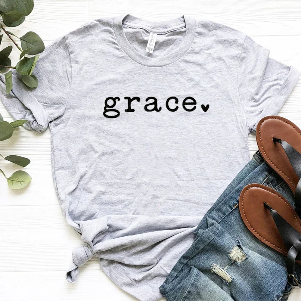 Women T Shirt Grace Love Heart Printed Summer Fashion Short Sleeve Tops Christian T-shirt Religious Clothes Funny T Shirt