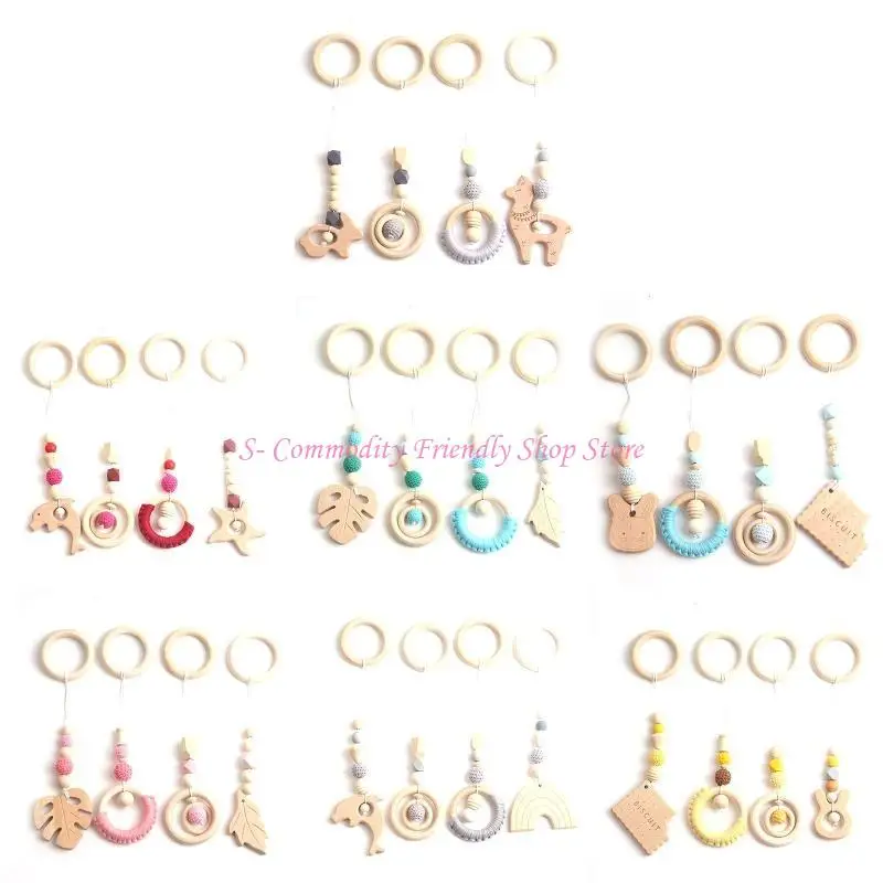 85ae-4-pz-baby-gym-telaio-pendenti-passeggino-sonaglio-anello-legno-perline-massaggiagengive-appeso-letto-mobile-campana