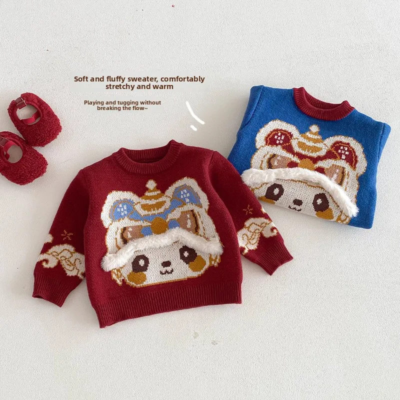 سترة رأس النمر للأطفال 2025 شتاء جديد لطيف الجاكار ملابس السنة الجديدة للفتيات ، سترة محبوكة سميكة للأولاد #3