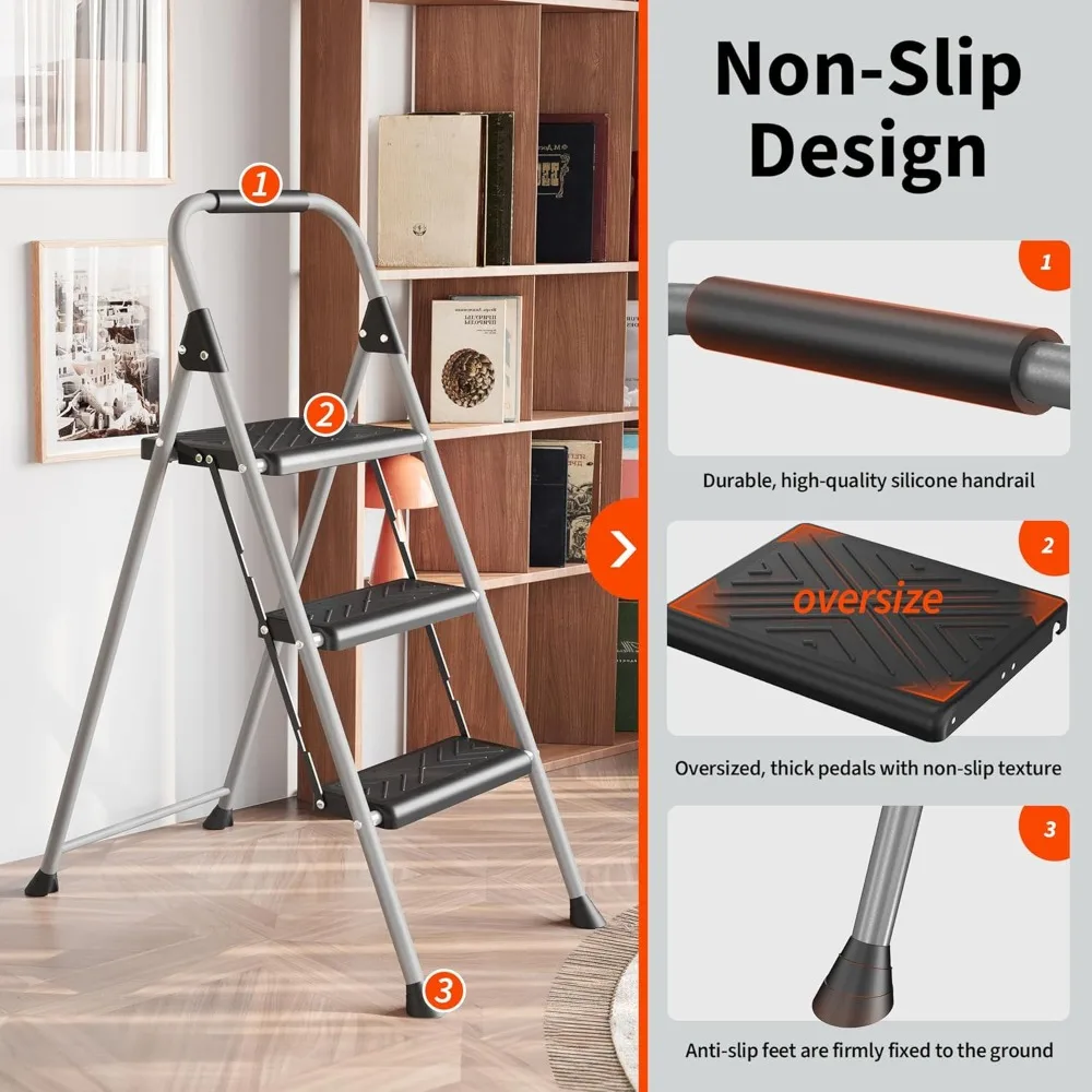 سلم قابل للطي بثلاث خطوات مع دواسة مضادة للانزلاق، مقعد فولاذي بسعة 900 رطل لسلامة المكاتب المنزلية