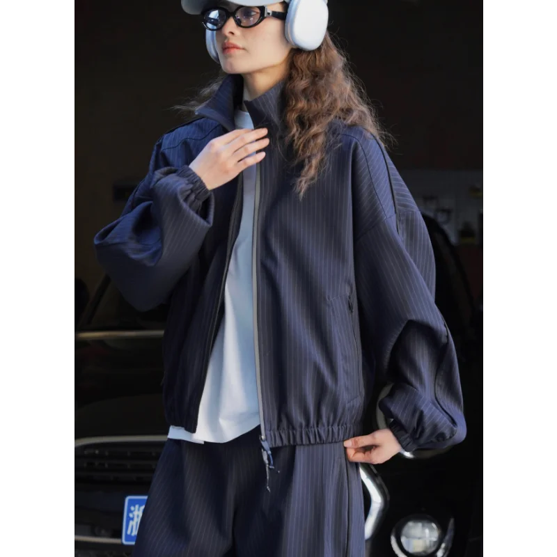 Spring 2024 Casual Striped Jackets Women Zipper Stand Collar Windproof Crisp Loose Slim Coats Navy Blue Grey Famale Clothing