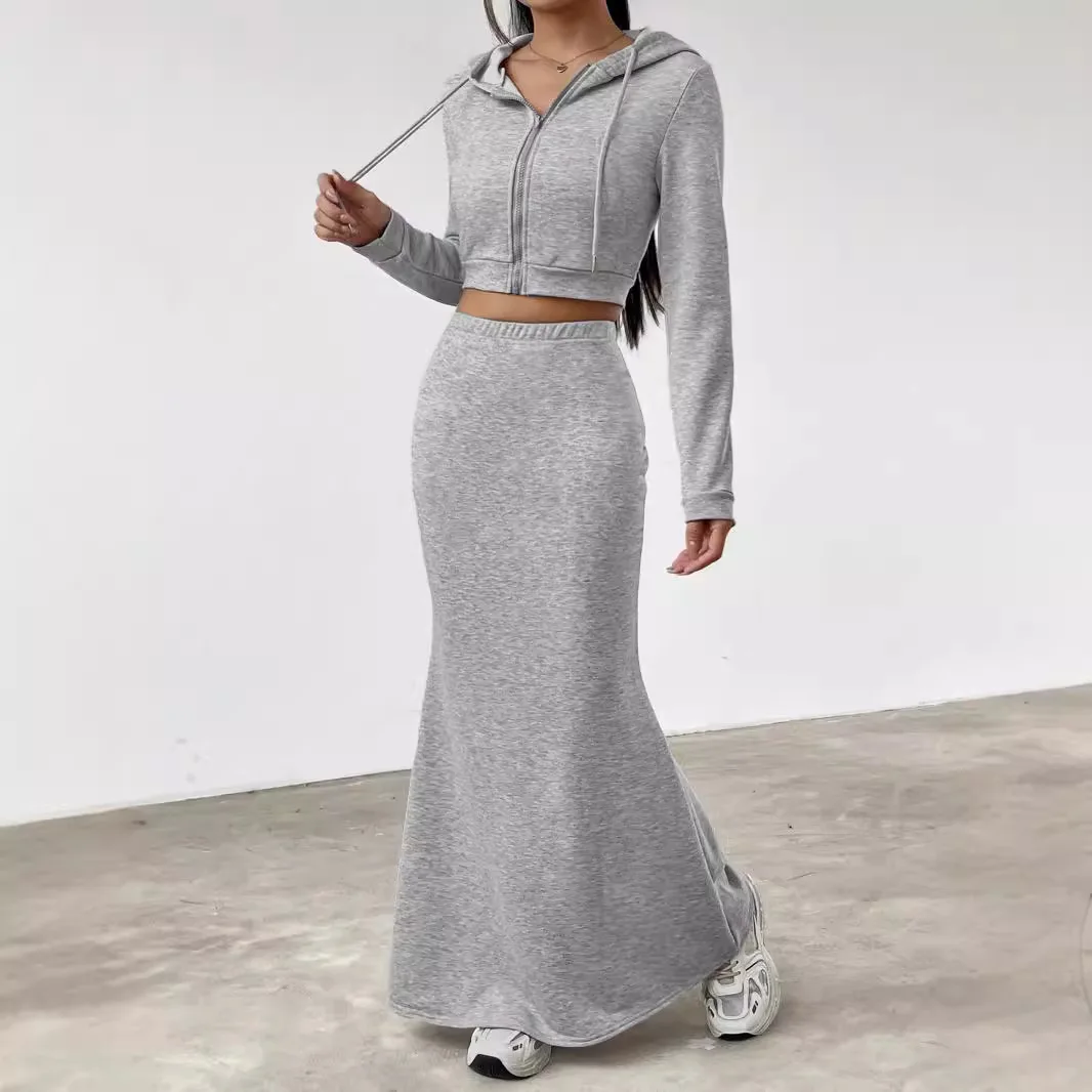 

Hooded Zipper Sweatshirt Package Hip Fishtail Skirt 2 Piece Set Women Autumn New Solid Short Long Sleeved Top Long Skirt Suit