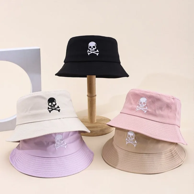 Summer Solid Bucket Hat For Women Embroidery Skull Breathable Foldable Sunshade Outdoor Students Best Matched Fisherman Cap Gift