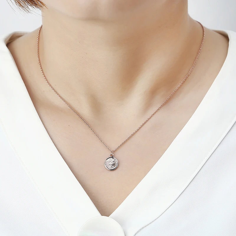 Fashion Metal Jewelry Quality Simple Retro British Queen Beauty Head Sided Coin Rose Gold Necklace Pendant Women's Daily Gift image 4