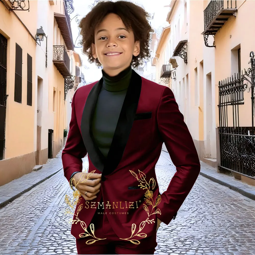 

Formal Burgundy Flower Boys Suit 2 Piece Set Fashion Design Wedding Tuxedo for Kids Custom Clothes 2-16 Years Old Outfit