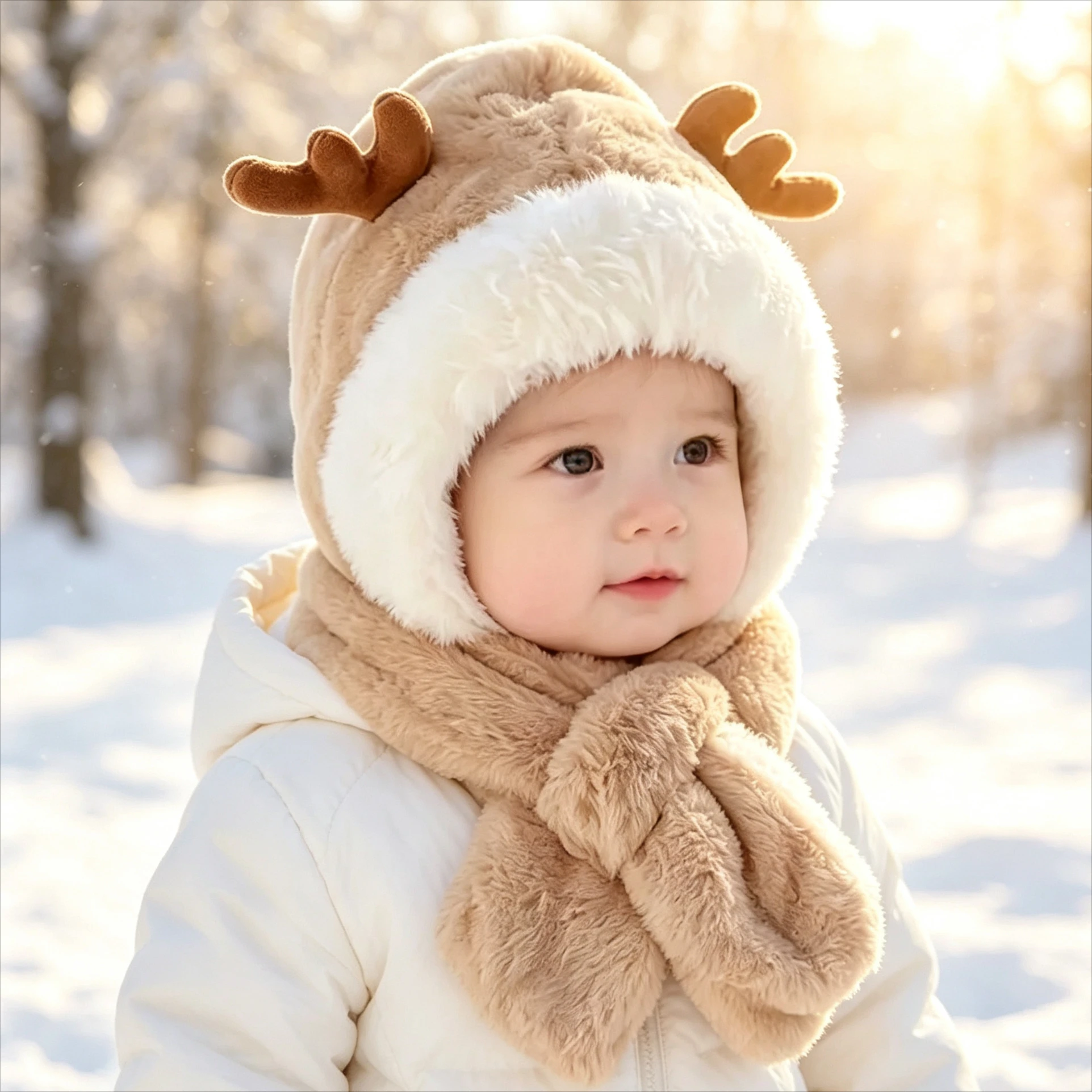 1-4PCS Winter Hat Scarf Set with Antler Earflap Windproof Thick Warm Knitted Beanie for Boys Girls Outdoor Cold Weather