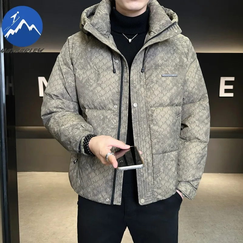 Maxbarley ضوء فاخر الرجال أسفل سترة 2026 الشتاء موضة سميكة مقنعين الأبيض بطة أسفل معطف دافئ جودة رقيق سترات منتفخة