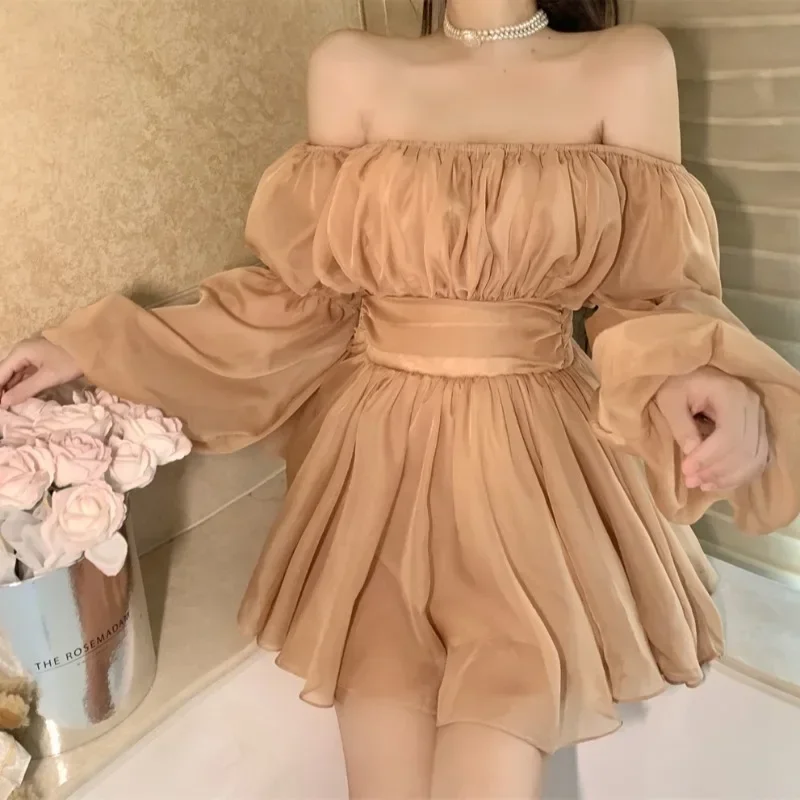 Gaganight Women Off Shoulder Elastic Long Sleeve High Waist Pleated Slim Dress Women New Gentle Princess Short Dresses