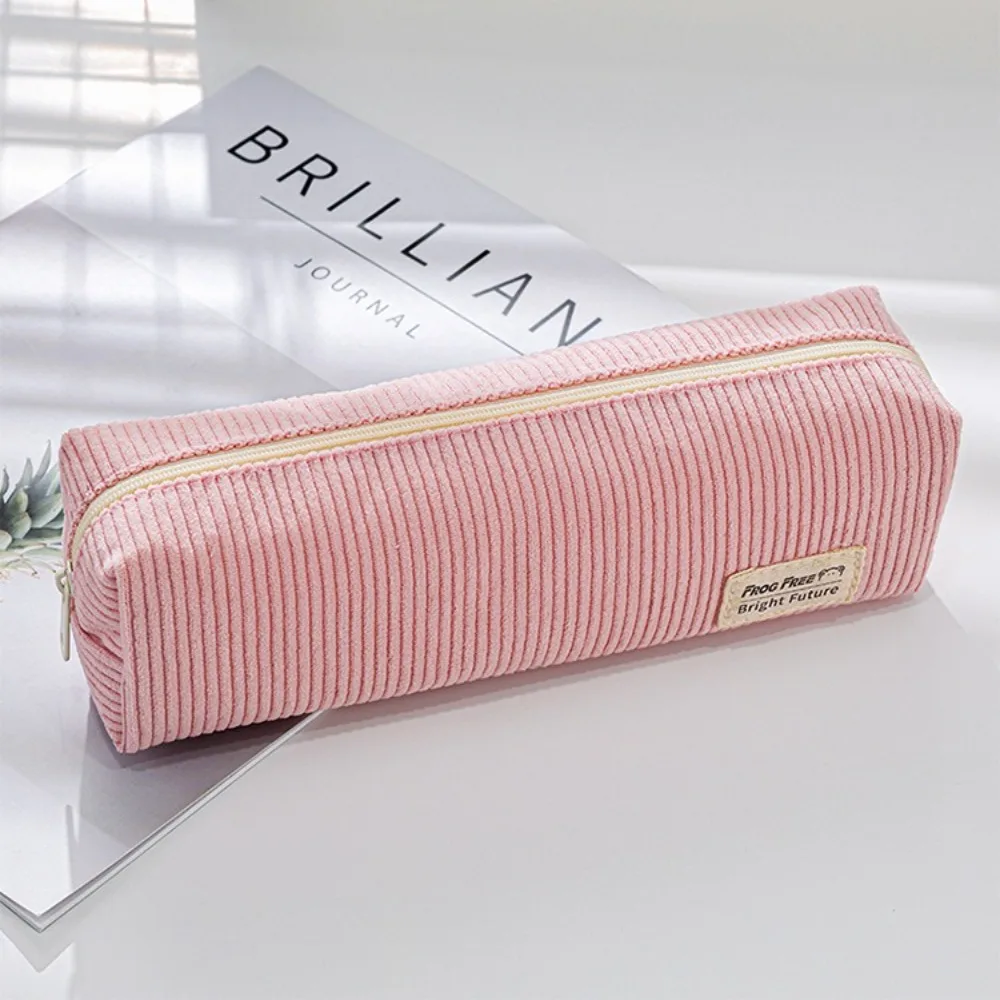 Corduroy Stripe Pencil Case Minimalist Metal Zipper Pen Storage Box Rectangular Solid Color Pencil Storage Bag School Supplies