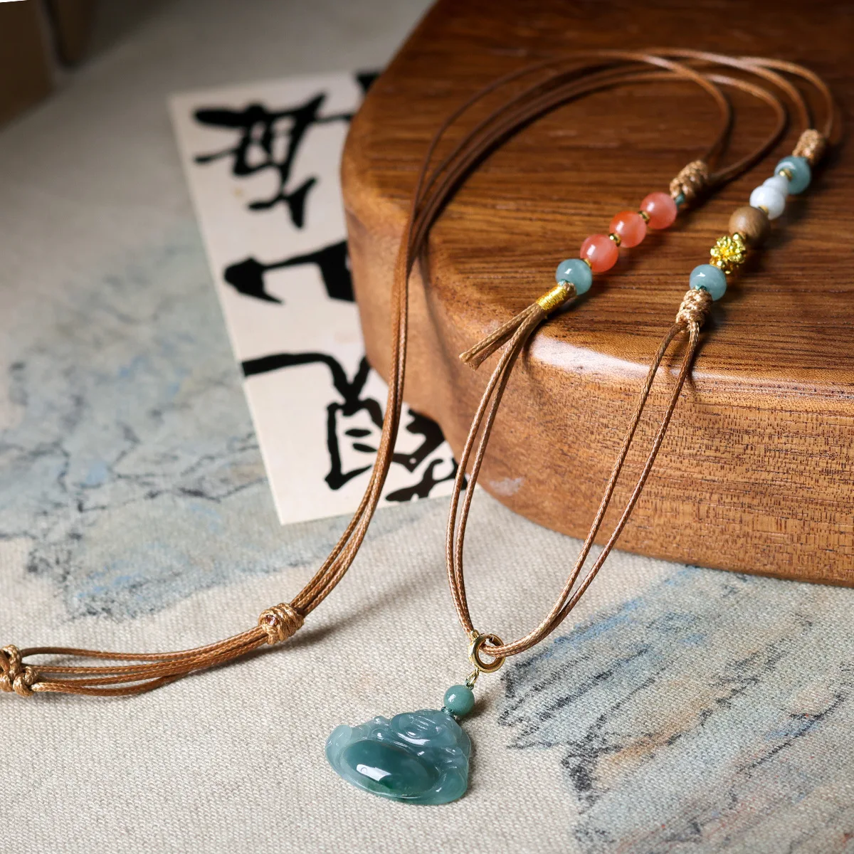 Handmade Blue Water Jadeite Buddha Necklace Original Cultural Play Nanhong Agate New Chinese Sweater Chain