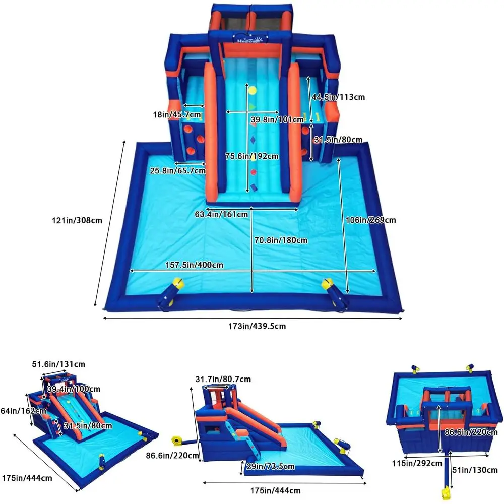 Duże dmuchane zjeżdżalnie wodne dla dzieci na podwórko, duża zjeżdżalnia i basen z wodą, dmuchany park wodny na zewnątrz, z dmuchawą, 4,4 m × 4,4 m.