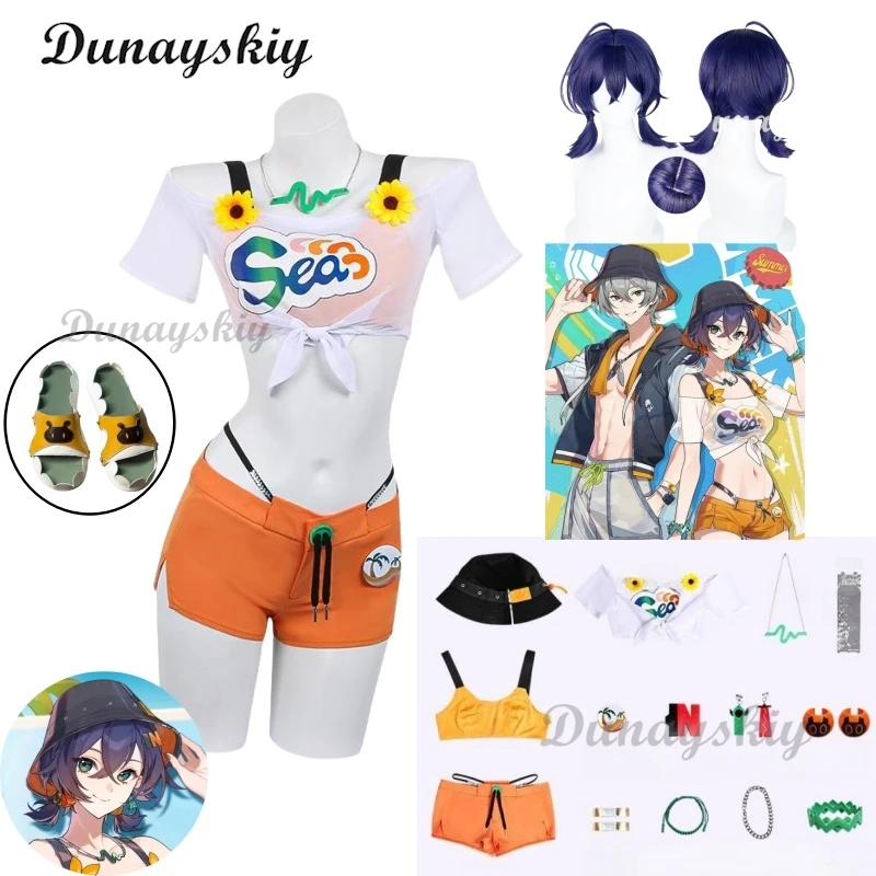 

Zenless Zone Zero Belle Cosplay Costume Wig Swimsuit Summer Outfit Hat Shorts Bikini Women Girls Halloween Party Role Play Suit