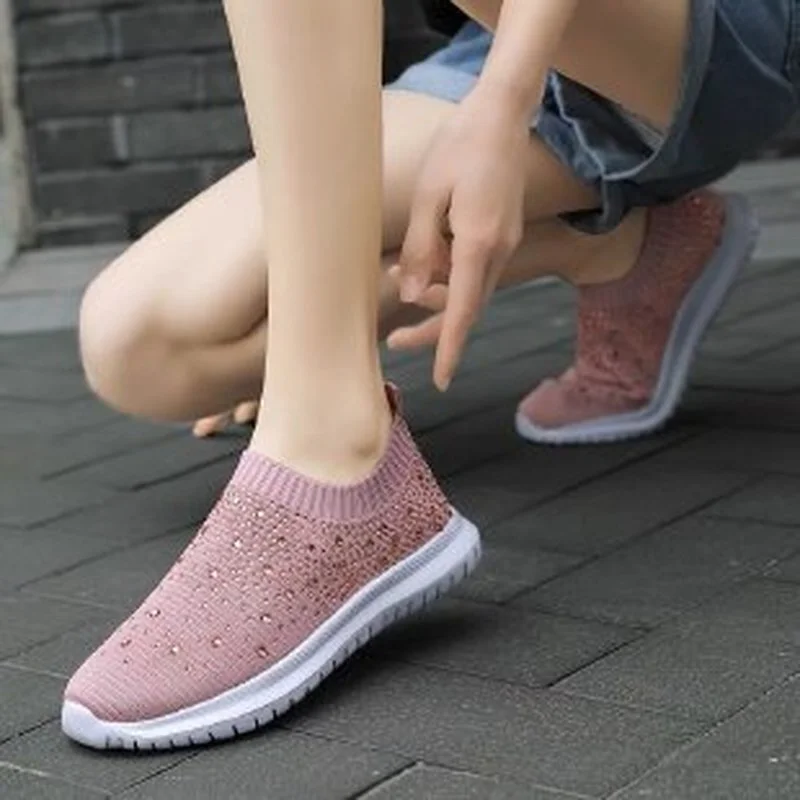 2022 Large Size Rhinestone Elastic Socks Shoes Casual Women\'s Flying Woven Breathable Lightweight Casual Thick-soled Shoes