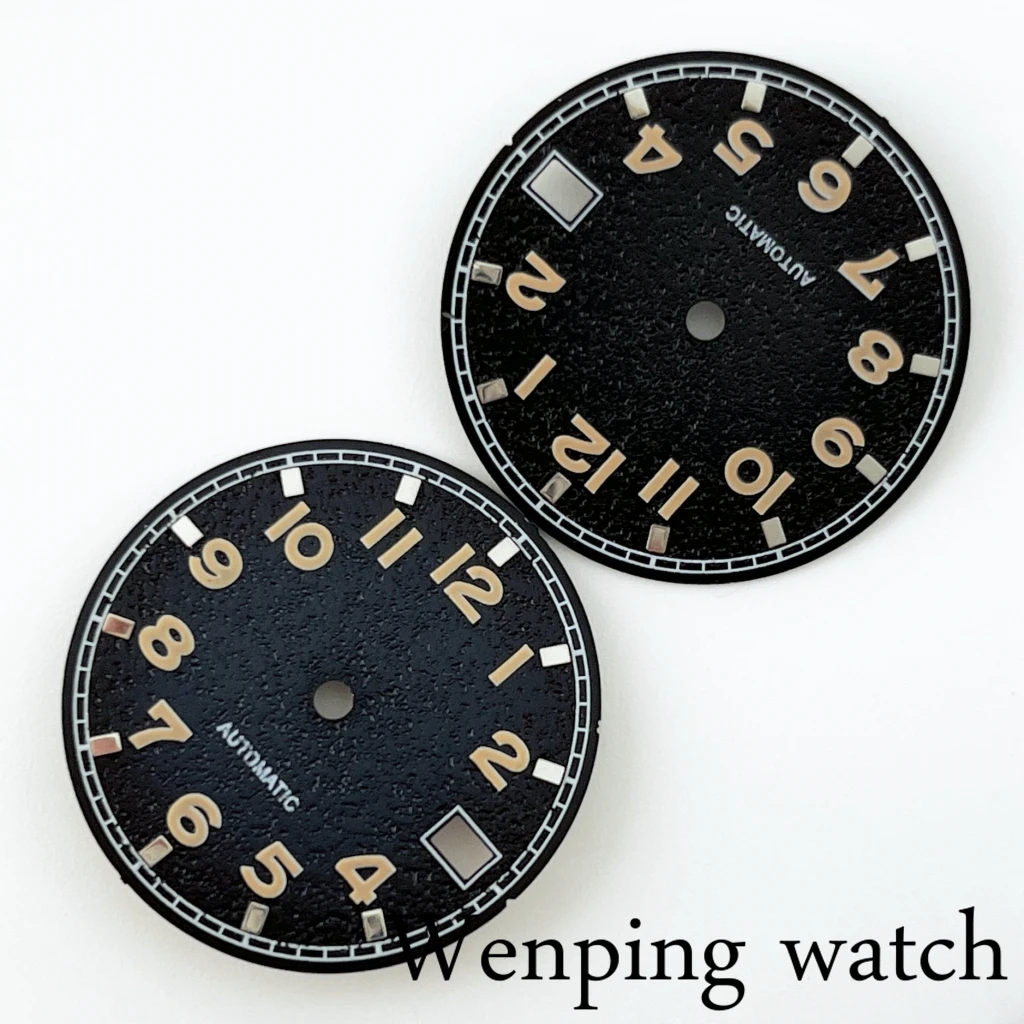 New 29mm Sterile Green Luminous Gradient Grain Texture Watch Dial Fit NH35 Automatic Movement With Calendar Window