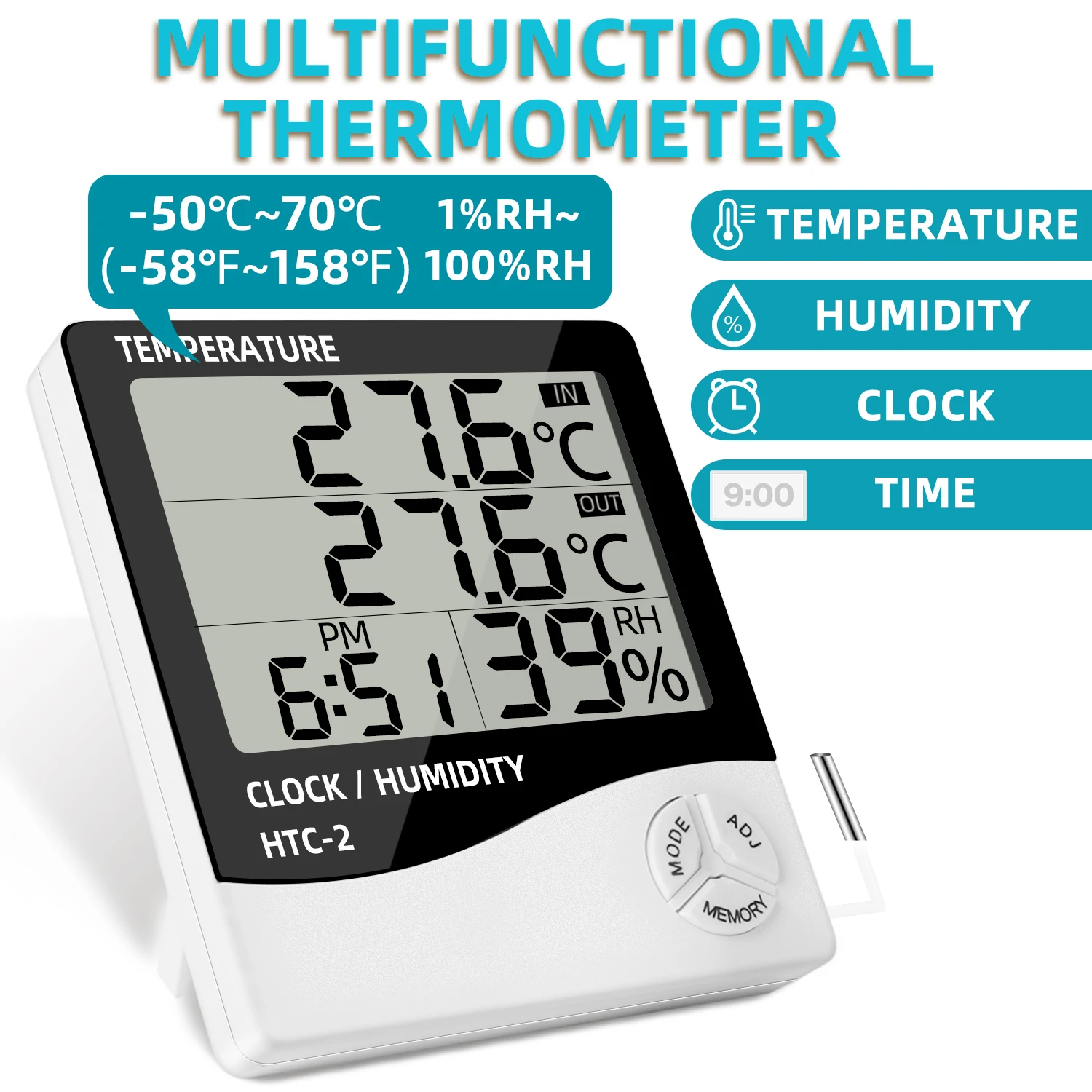 HTC-1 HTC-2 LCD Electronic Digital Temperature Humidity Meter Home Thermometer Hygrometer Indoor Outdoor Weather Station Clock